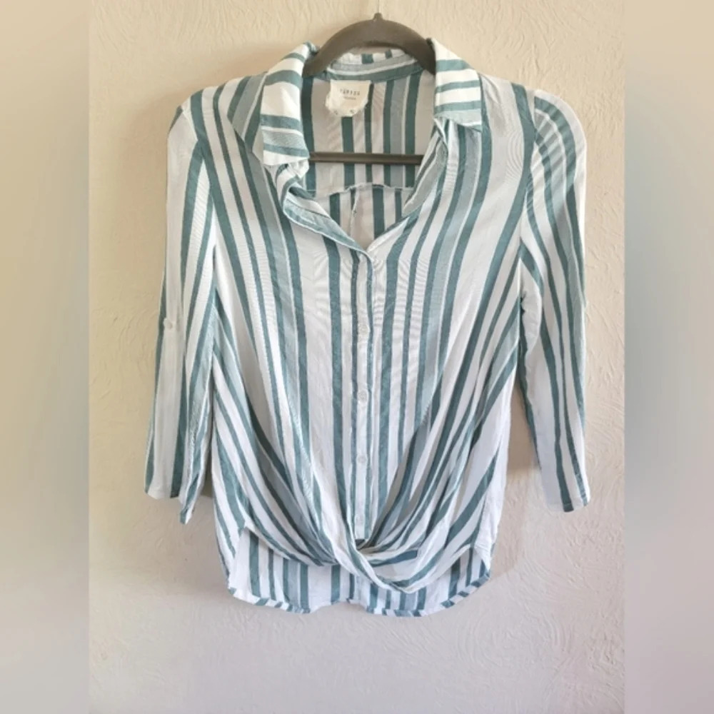 Harper Heritage Green and White‎ Striped Button-Down Drape Front Top, Size XS